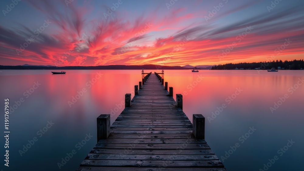 Fototapeta premium A serene wooden pier stretches elegantly across a tranquil lake, its vertical planks interlaced with horizontal supports, reflecting serenity on the still waters below