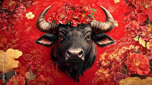 Happy Chinese New Year background, Year of the Ox, annual animal zodiac