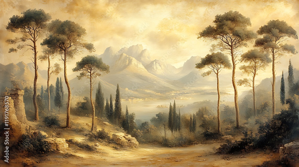 Naklejka premium Mediterranean sunset landscape, scenic vista, mountains, path, ruins, art print