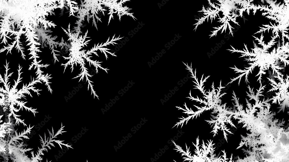 Realistic frostwork pattern ice crystals on black background for overlay or effect, frost, ice, crystals, window, cold. Frostwood. Illustration Realistic frostwork pattern ice crystals on black background for overlay or effect, frost, ice, crystals, window, cold. Frostwood. Illustration