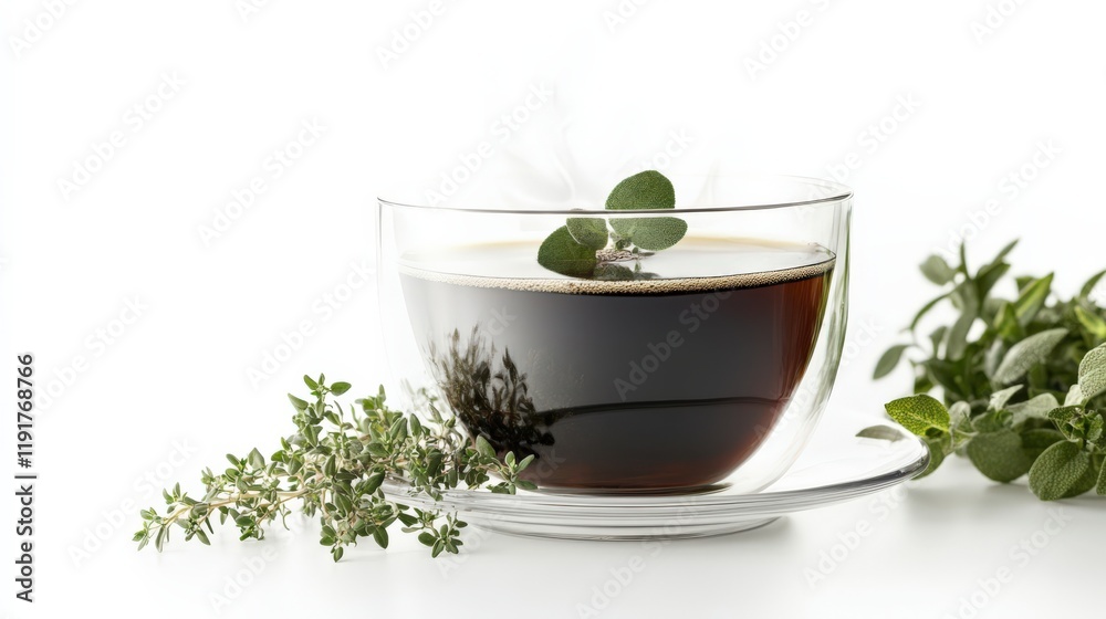 A cup of coffee with a sprig of mint on top A cup of coffee with a sprig of mint on top