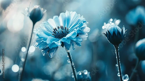 A single blue flower with water droplets on the stem, in a field of blue flowers.