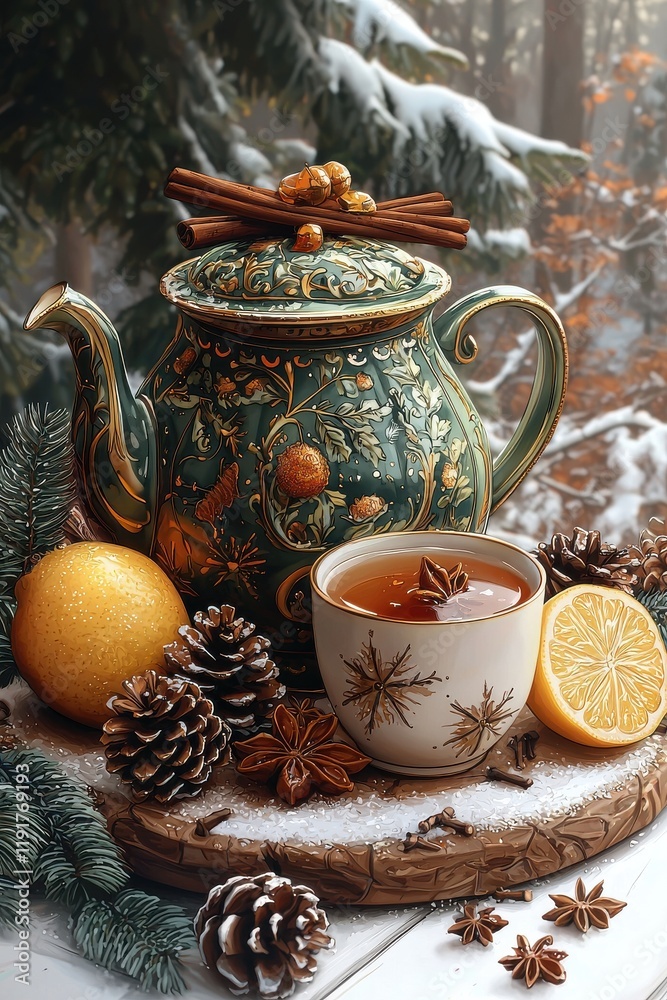 custom made wallpaper toronto digitalOrnate teapot and tea with winter decorations in snowy surroundings