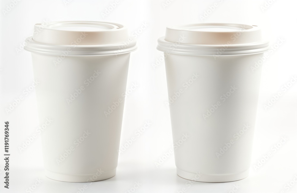 Two empty white paper coffee cups with lids displayed against plain white background. Typical take-away coffee container design. Cups positioned side-by-side. Image perfect mockup for design Two empty white paper coffee cups with lids displayed against plain white background. Typical take-away coffee container design. Cups positioned side-by-side. Image perfect mockup for design