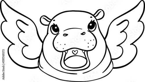 Valentine Cupid Moo Deng Pygmy Hippo with angle wings outline doodle