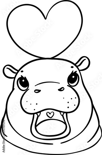 Cute Valentine Pygmy Hippo with heart outline doodle photo