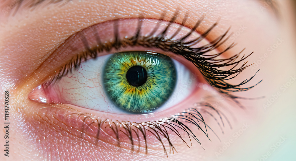 Fototapeta premium panoramic web banner with close-up green eye, copy space