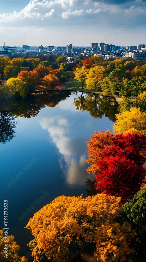 Fototapeta premium A Serene Autumn Eye View of Tranquil Lake Surrounded by Vibrant Trees in Shades of Gold, Amber, and Red, Offering a Stunning Reflection Amidst a Scenic Cityscape