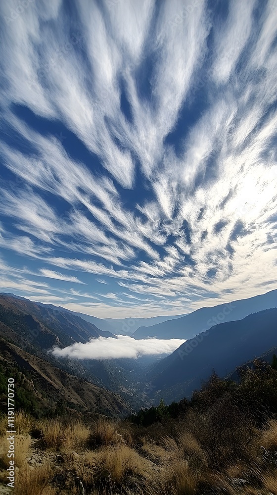 Obraz premium Breathtaking View of a Majestic Mountain Range with Still Clouds and Dramatic Sky, Showcasing Nature's Splendor in a Serene Landscape