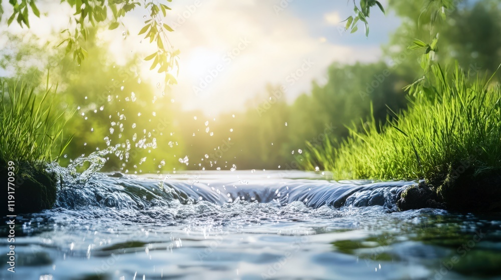 Naklejka premium A stream of water is flowing through a lush green forest