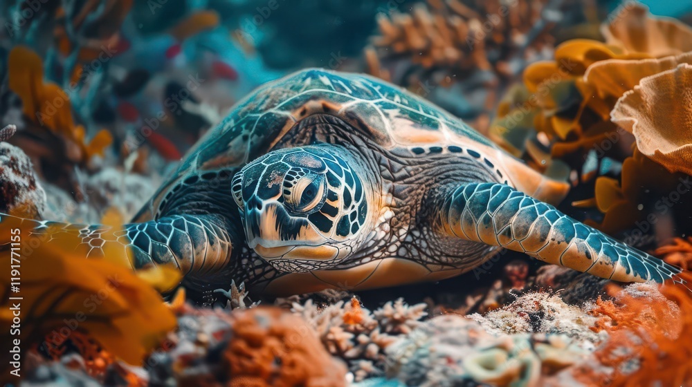 Fototapeta premium Majestic Sea Turtle in Electric Blue Waters. Underwater Beauty Concept
