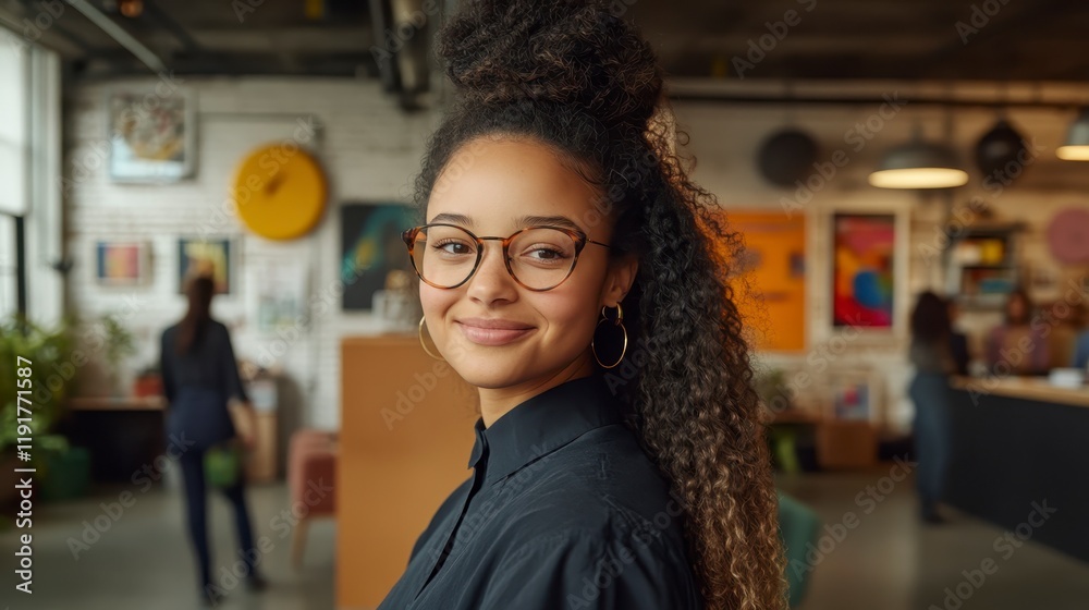 Confident Young Woman with Curly Hair Smiling in a Creative Office Space