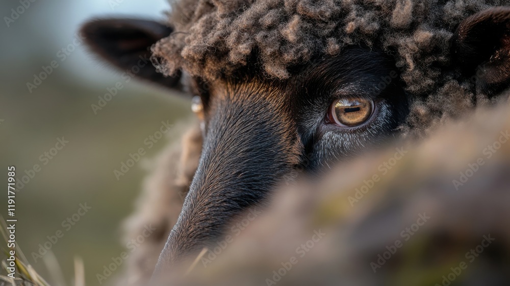 Detailed close-up portrait of a sheep's face capturing the texture of its wool and the depth of its expressive eye Detailed close-up portrait of a sheep's face capturing the texture of its wool and the depth of its expressive eye