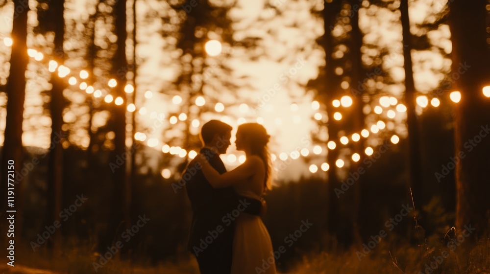 Fototapeta premium A couple dancing together in the forest, bare feet, with fairy lights and a warm glow.