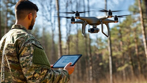 Military personnel operates a drone while analyzing data in a forested area during a daytime mission