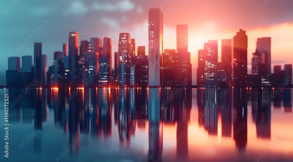 Fototapeta premium Modern City Skyline Reflection at Sunset