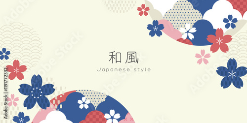 和風デザイン｜青・赤・白の桜と伝統パターンの背景