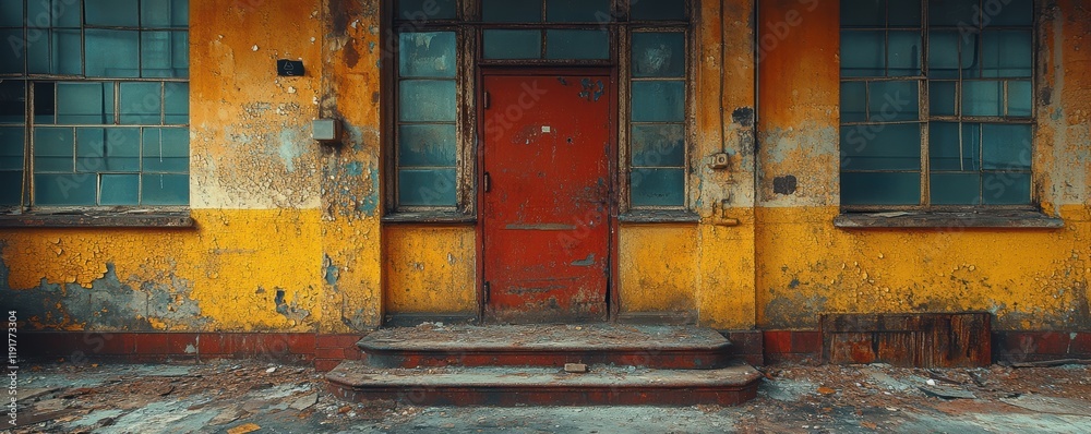 Aging Industrial Building Entrance with Weathered Red Door Surrounded by Peeling Yellow and Blue Paint, Representing Urban Decay and Historical Architecture Aging Industrial Building Entrance with Weathered Red Door Surrounded by Peeling Yellow and Blue Paint, Representing Urban Decay and Historical Architecture
