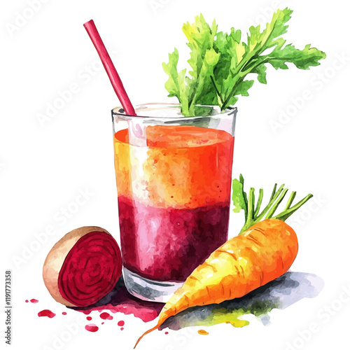 A watercolor of carrot beet juice, isolated on a white background. Carrot Beet Juice vector.
