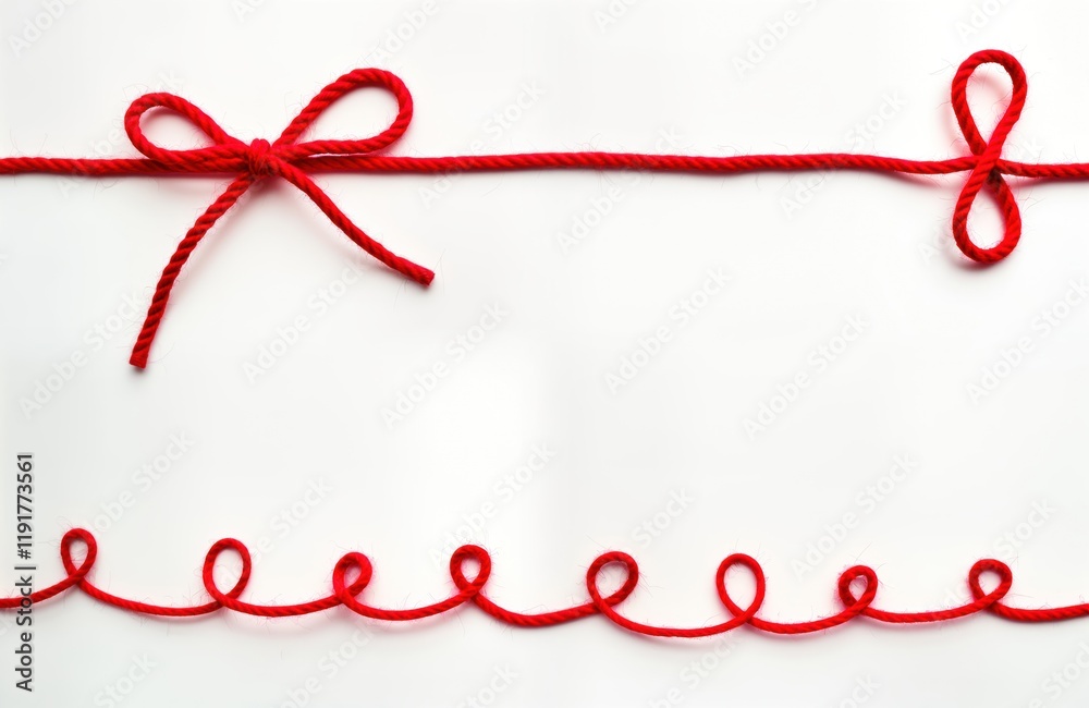 Red woolen threads, ropes create abstract shapes on white background. Top view various knots, curves. Woven patterns, lines create decorative element. Handmade texture, craft style evident. Simple, Red woolen threads, ropes create abstract shapes on white background. Top view various knots, curves. Woven patterns, lines create decorative element. Handmade texture, craft style evident. Simple,