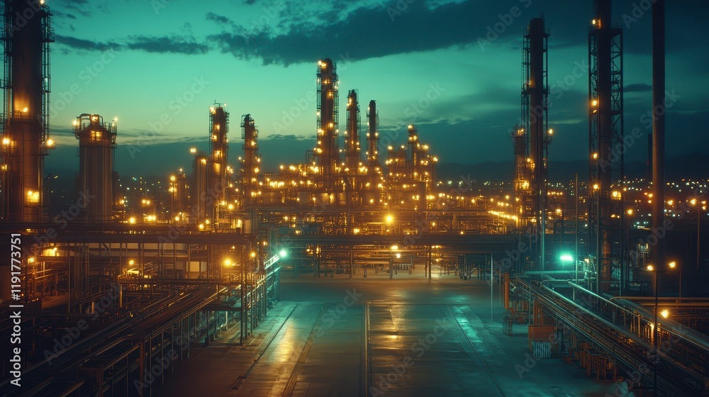Fototapeta premium Illuminated Nighttime Industrial Refinery Complex Oil and Gas Processing Plant