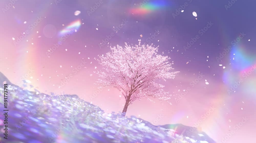 広い空と花畑に立つ一本の桜の木 - ピンク