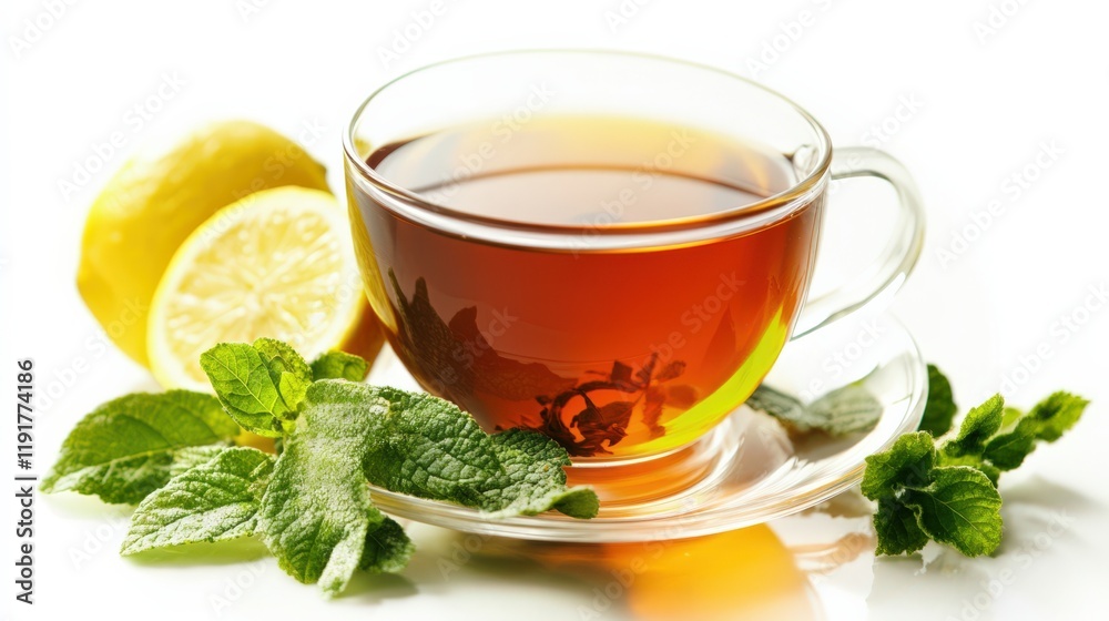 A cup of tea with a lemon slice and mint leaves on top A cup of tea with a lemon slice and mint leaves on top