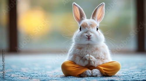 Cute rabbit in a meditative pose sitting calmly on a soft rug with a blurred background of warm colors creating a serene and tranquil atmosphere for relaxation