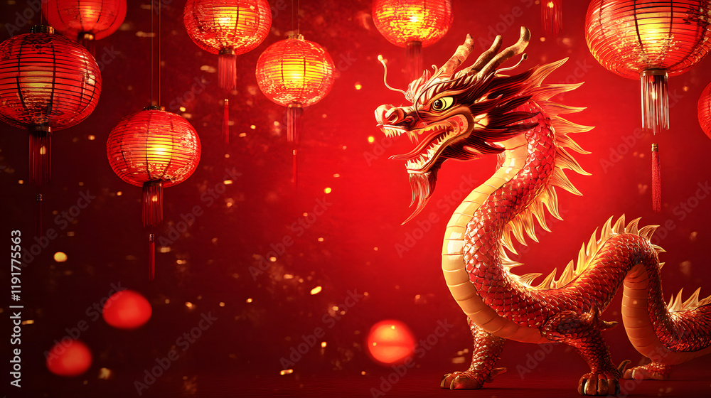 Fototapeta premium Chinese new year red dragon background. Dragon symbol