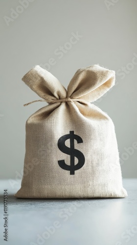 Full canvas money bag with dollar sign printed on it, tied and resting on gray surface, symbolizes savings, investment, finance, and mortgage for home buying photo