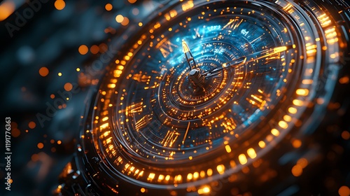 Wallpaper Mural Futuristic clock face glowing, particles, dark background, time concept Torontodigital.ca