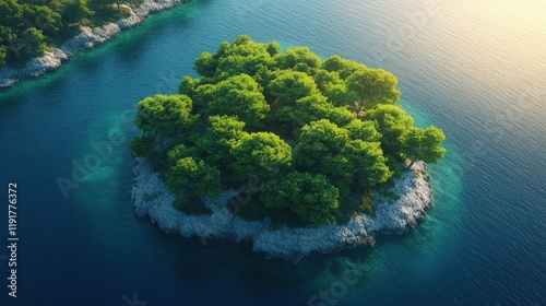 Serene Aerial View of Lush Green Island Surrounded by Crystal Clear Blue Water and Vibrant Coastline at Sunrise