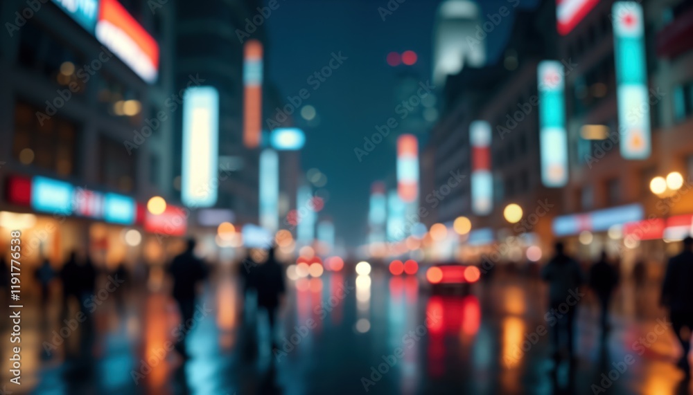 Fototapeta premium Cityscapes at night show urban life. Busy street with many people walking. Buildings bright lights. Nighttime city scene. People walking on street. Abstract urban background. Retro colors. Blurred