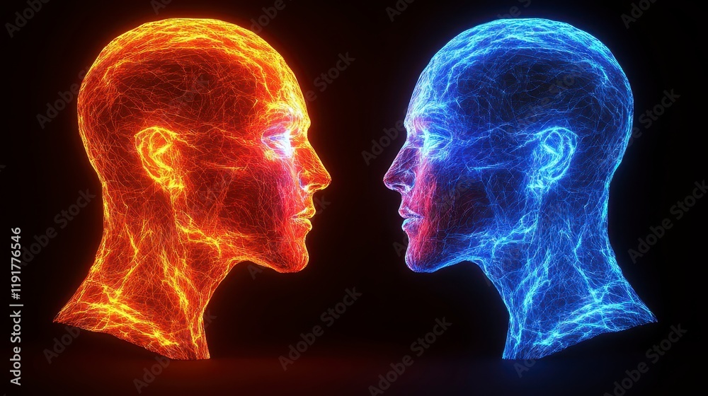 Fototapeta premium Abstract Digital Art Two Glowing Heads Facing Each Other Red and Blue Energy