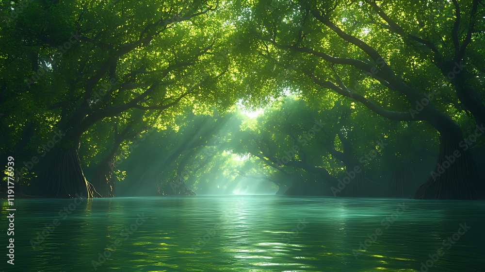 Obraz premium Sunlit river path through lush green mangrove forest