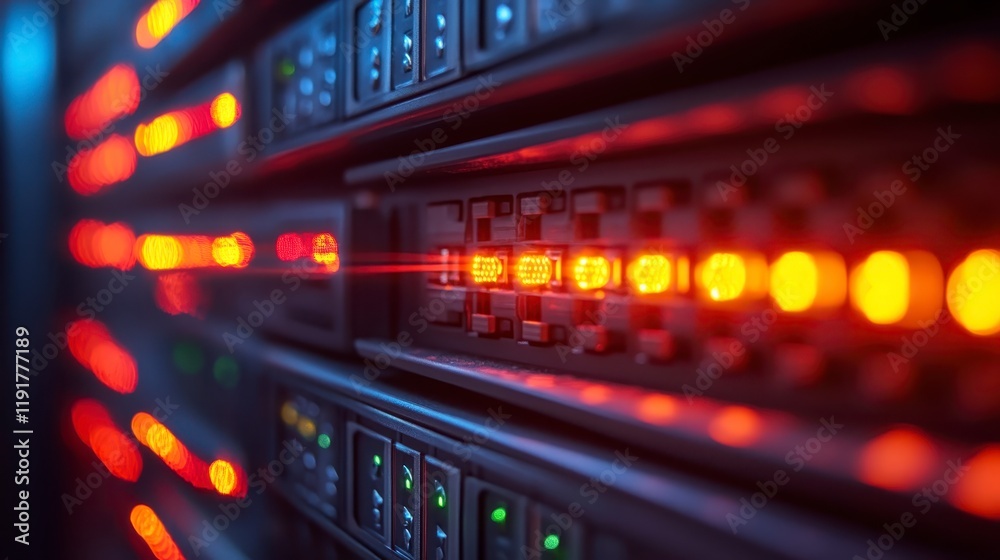 Naklejka premium High Speed Data Transfer Illuminated Server Rack with Active Network Connections
