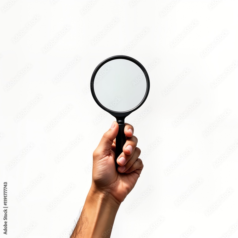 Hand holds magnifying glass against white background. Focus on tool. Hand in closeup view. Object isolated for analysis. Possible use for educational business presentations. Research investigation Hand holds magnifying glass against white background. Focus on tool. Hand in closeup view. Object isolated for analysis. Possible use for educational business presentations. Research investigation