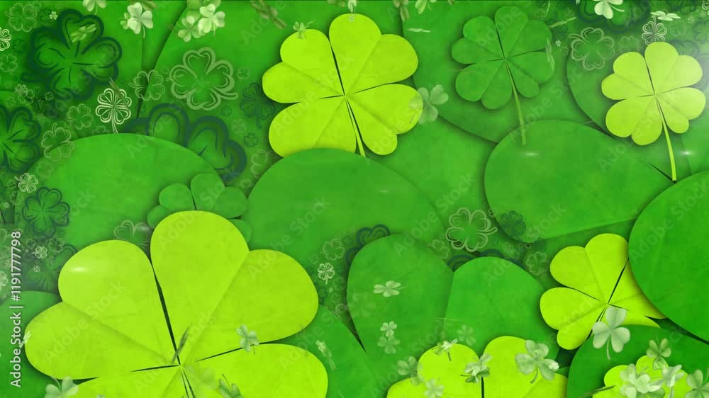 Green clovers and shamrocks animating over green background