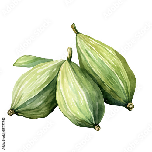 A watercolor illustration of cardamom, isolated on a white background. Cardamom vector.
