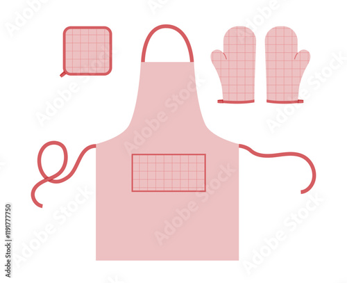 Set of Aprons, Oven Gloves and potholder Fashion pink cartoon windowpane tartan check pattern hand accessory clothing technical illustration garment. Vector for Men, women, unisex style flat template