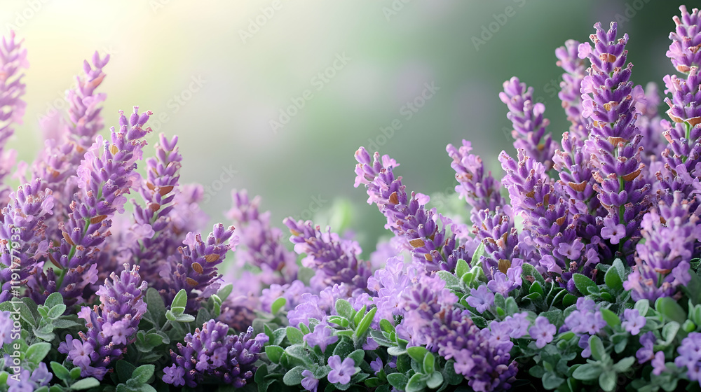 Fototapeta premium Close-up view of vibrant purple lavender flowers in full bloom, bathed in soft sunlight, creating a serene and peaceful natural scene.