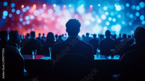 Audience Member at a Conference Back View Silhouetted Against Stage Lights