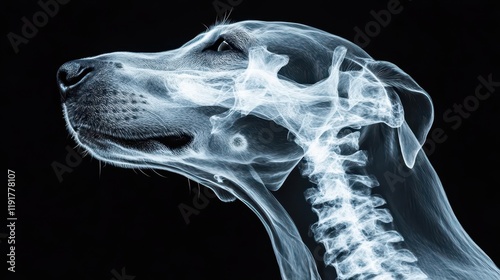 Canine Anatomy Revealed. Detailed X-ray view of a dog's skull and neck structure concept