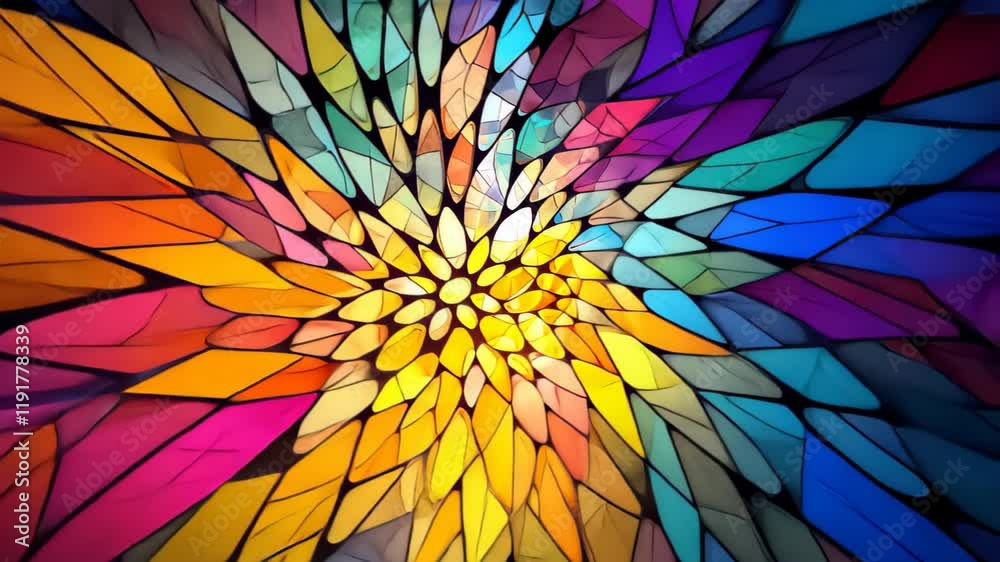Vivid colors of stained glass mosaic window form a captivating geometric pattern, Ai Generated.
