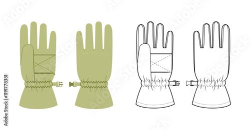 Ski Gloves Igloos Insulated Core olive green cartoon and flat mockup sketch Fashion hand accessory clothing technical illustration garment. Vector for Men, women, unisex style template CAD on white