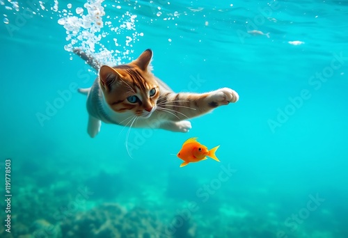 Swimming Cat Chasing Orange Fish Underwater Ocean Scene photo