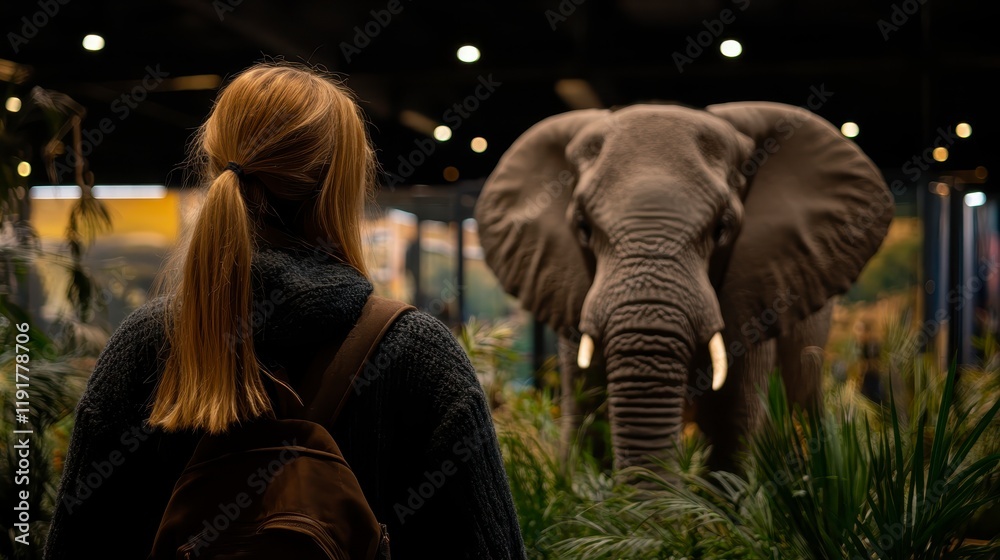 Obraz premium Young Woman with Backpack Observing a Large Elephant Exhibit in a Museum