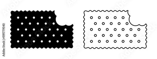 Bitten rectangular cracker silhouette and outline icon. Biscuit cookie in rectangle shape. Popular crunchy snack isolated on white background. Vector graphic illustration.