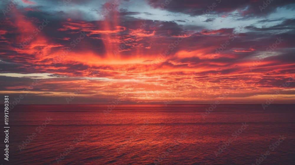 A stunning sunset over the tranquil ocean, showcasing vibrant reds and oranges splashed across the sky, creating a breathtaking natural spectacle. A stunning sunset over the tranquil ocean, showcasing vibrant reds and oranges splashed across the sky, creating a breathtaking natural spectacle.