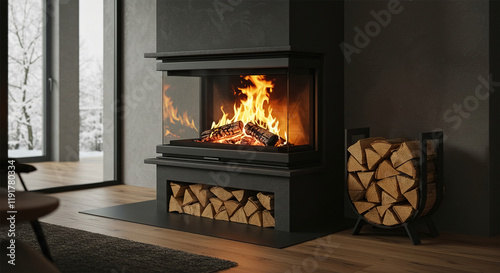 Photo of a fire in a modern burning stove next to a wood logs rack, contemporary home log burner or fireplace, renewable energy heating in winter